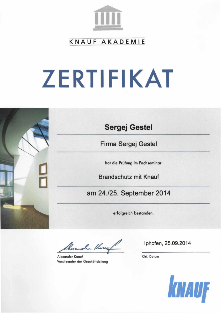 Knauf Zertifikat in Profi Brandschutz